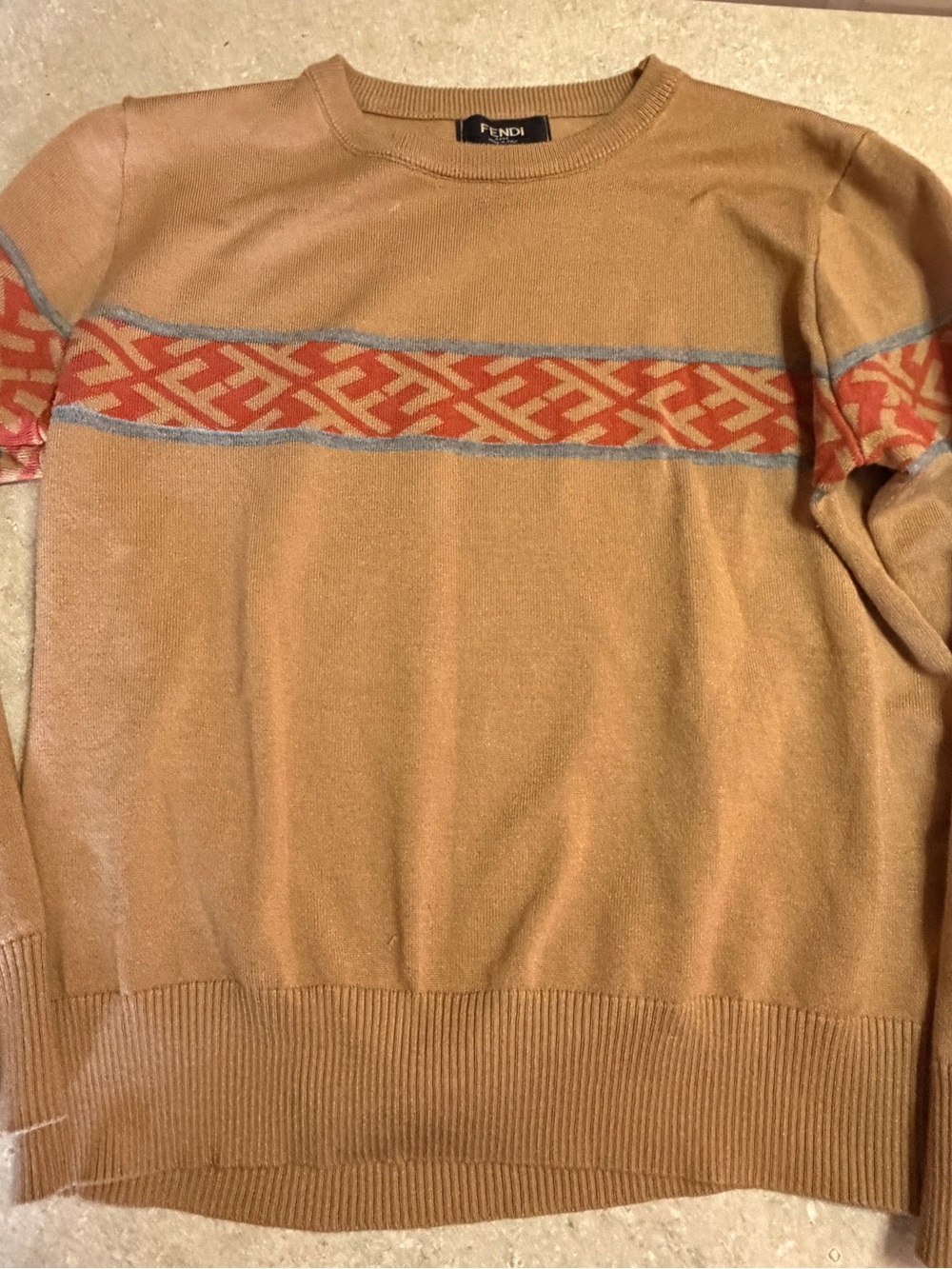 Fendi Tan light Crewneck Sweater with Red Geometric Stripe - Picture 4 of 9
